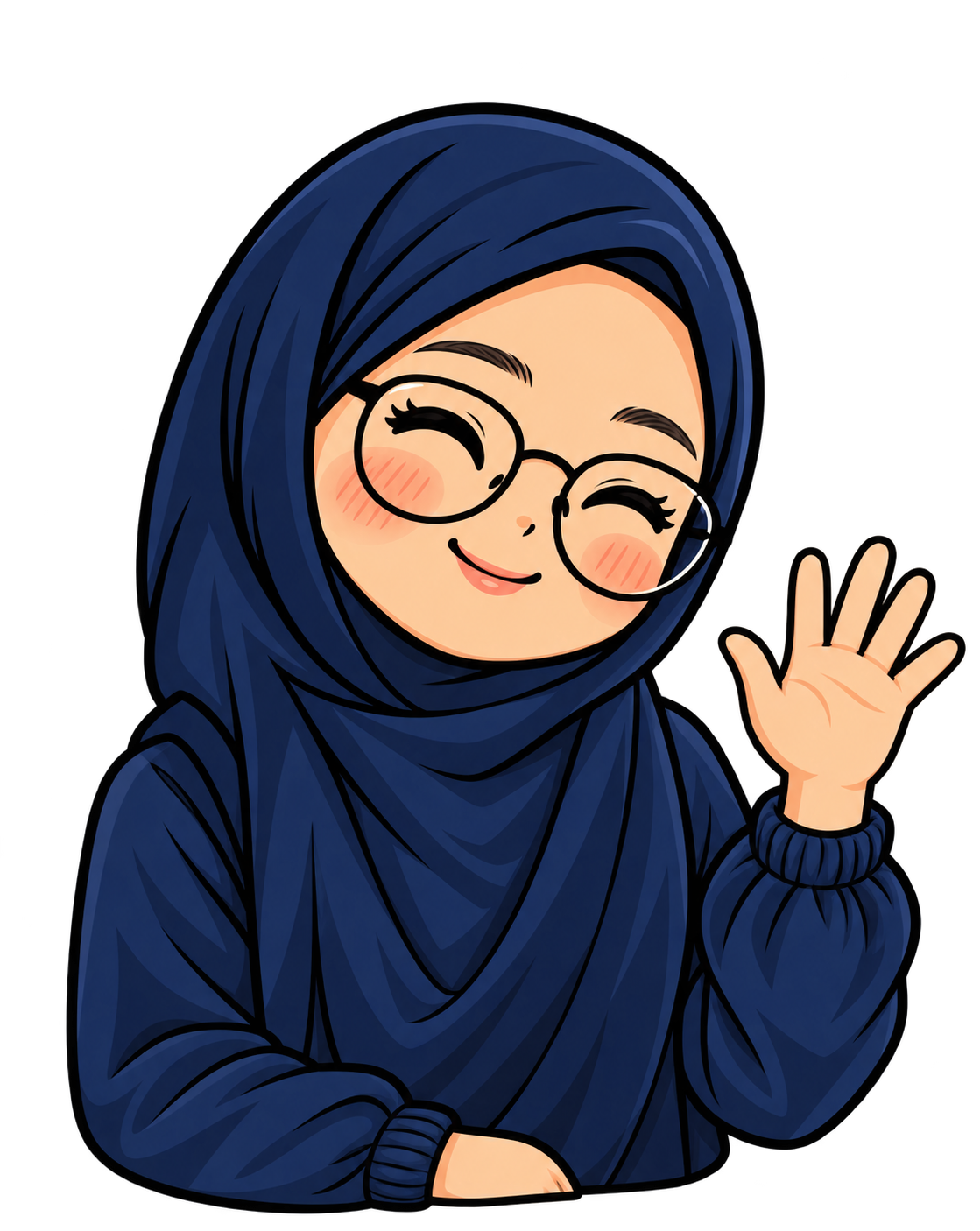 Ilustrasi Shu bertudung navy dan berkaca mata sedang melambai